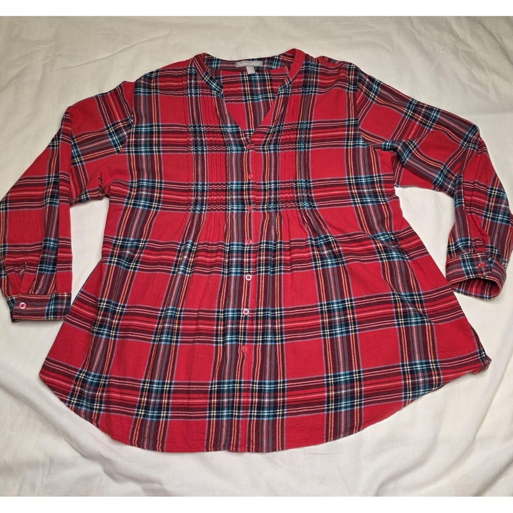 Woman Within Flannel Plaid Tunic Shirt Womens Plus Size 22/24 Red Button Front
